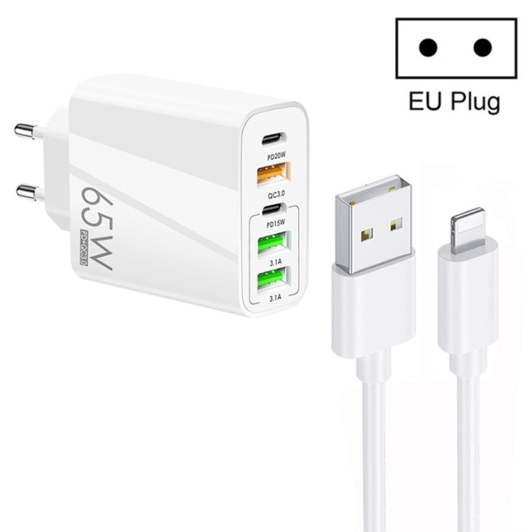 65W Dual PD Type-C + 3 x USB Multi Port Charger with 3A USB to 8 Pin Data Cable, EU Plug, EU Plug + USB to 8 Pin Cable